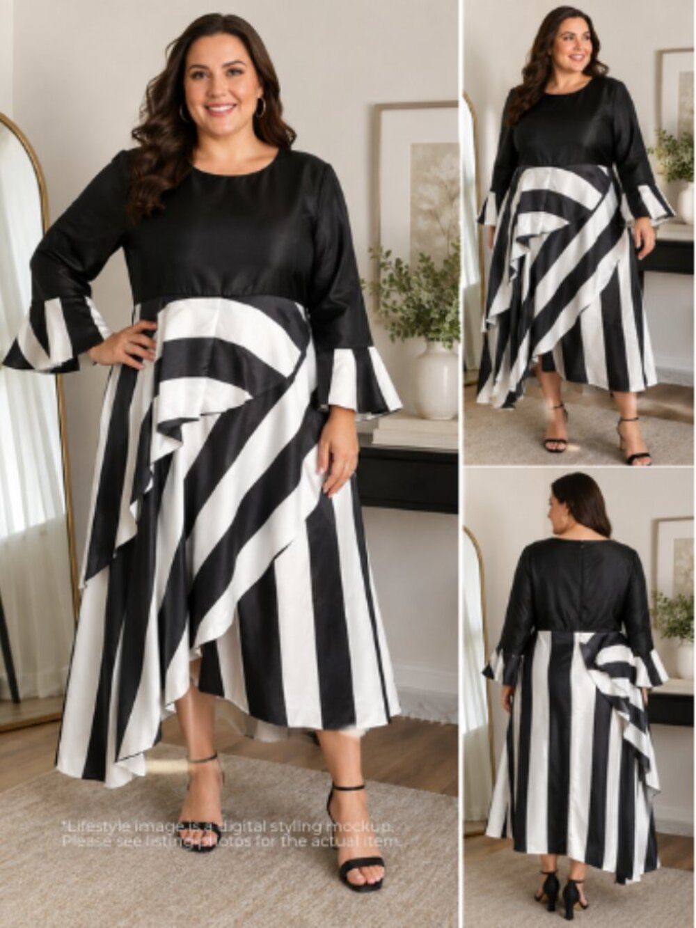 EY Boutique 20W Black & White Asymmetrical Stripe Midi Dress NWT Plus Size